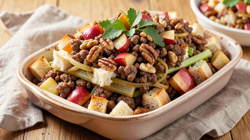 Apple Walnut Sausage Stuffing Recipe: Crispy Edges and Savory Apple-Spiced Filling