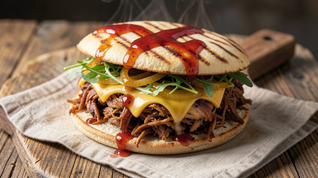 Apple Cider Pulled Chicken Sandwich Recipe: Crispy Tortilla Crowns Over Sweet-Smoky Cheese Streaks